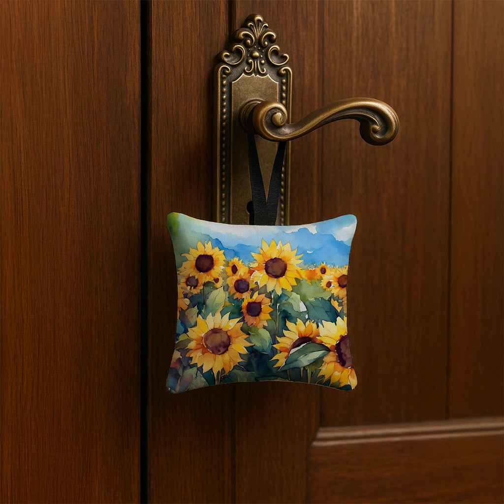 Sunflowers in Watercolor Hanging Square Fabric Ornament 3.5 × 3.5 Decorative Door-Knob & Tree Hanger, Soft Fabric
