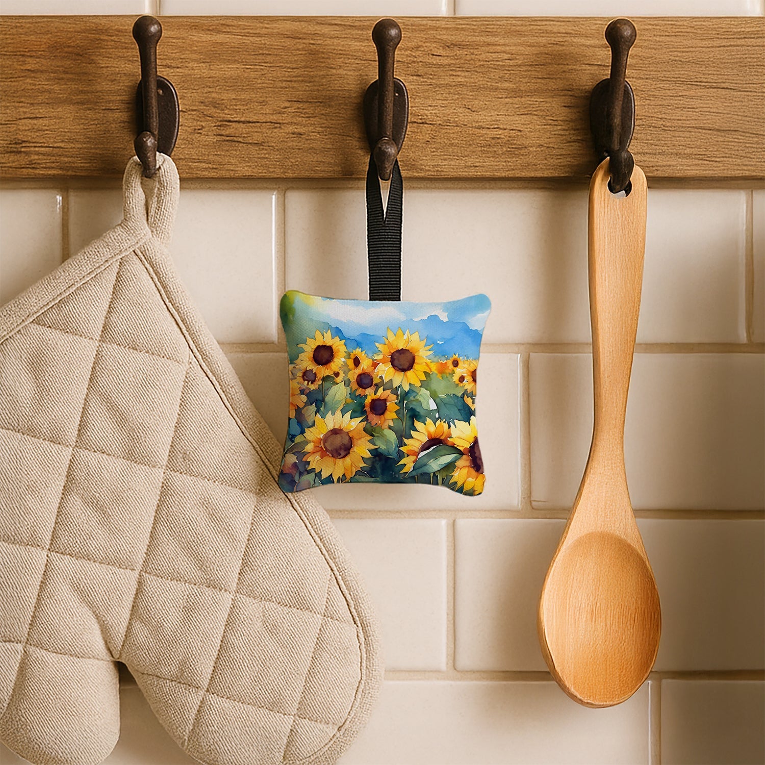 Sunflowers in Watercolor Hanging Square Fabric Ornament 3.5 × 3.5 Decorative Door-Knob & Tree Hanger, Soft Fabric