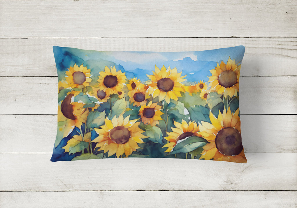 Sunflowers in Watercolor Decorative Throw Pillow 12x16 Indoor Outdoor Accent Cushion, Fabric Cover with Insert for Sofa, Bed, Porch & Living Room