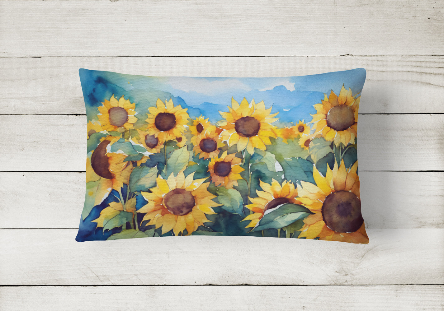 Sunflowers in Watercolor Decorative Throw Pillow 12x16 Indoor Outdoor Accent Cushion, Fabric Cover with Insert for Sofa, Bed, Porch & Living Room