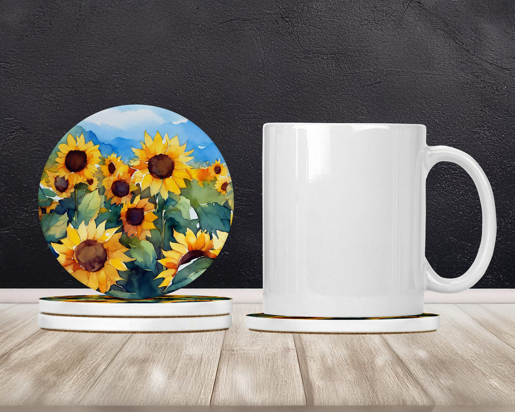 Sunflowers in Watercolor Large Sandstone Coasters Pack of 4 Absorbent Round Coasters Decor Gifts for Men or Women, 4 in, Multicolor