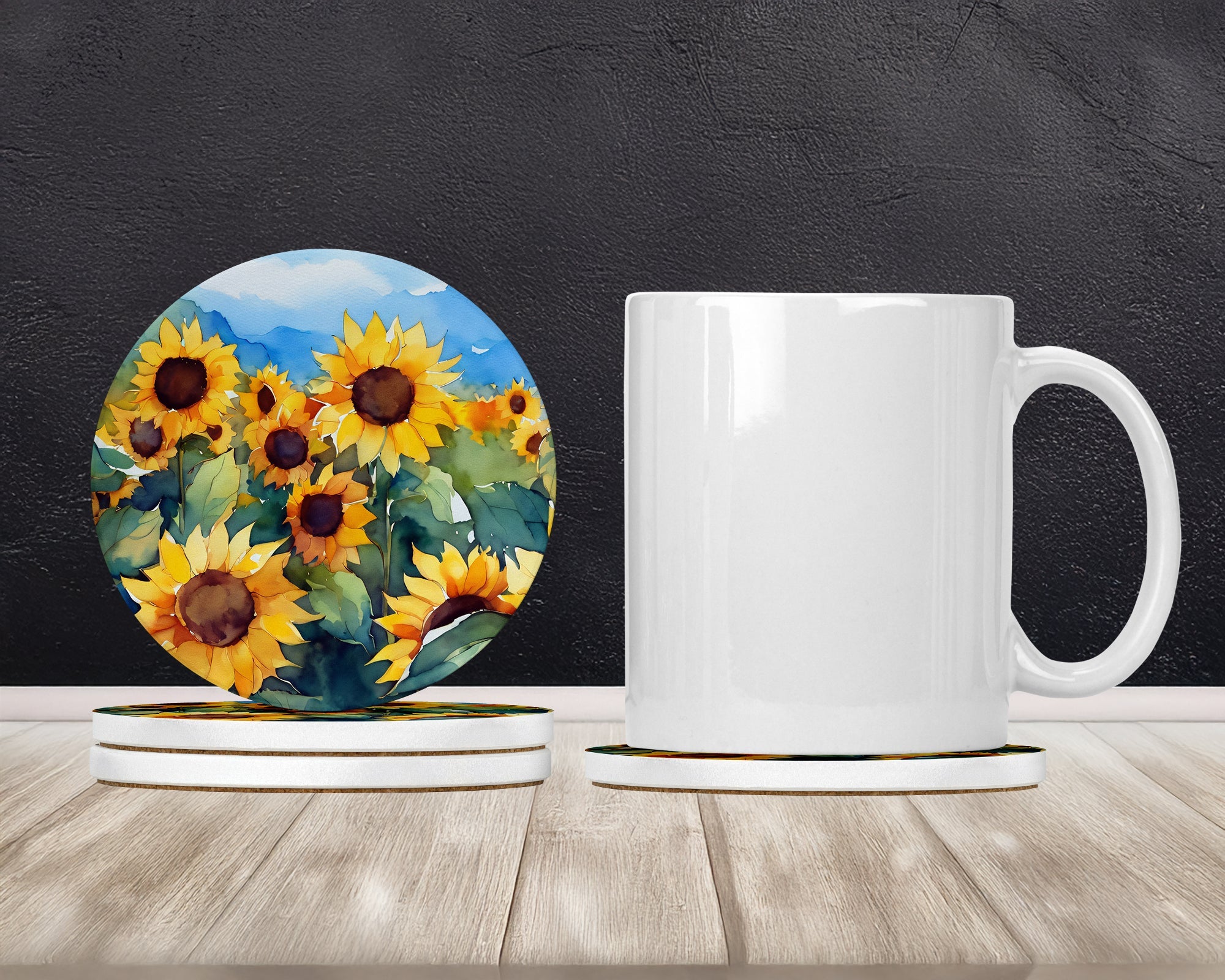 Sunflowers in Watercolor Large Sandstone Coasters Pack of 4 Absorbent Round Coasters Decor Gifts for Men or Women, 4 in, Multicolor