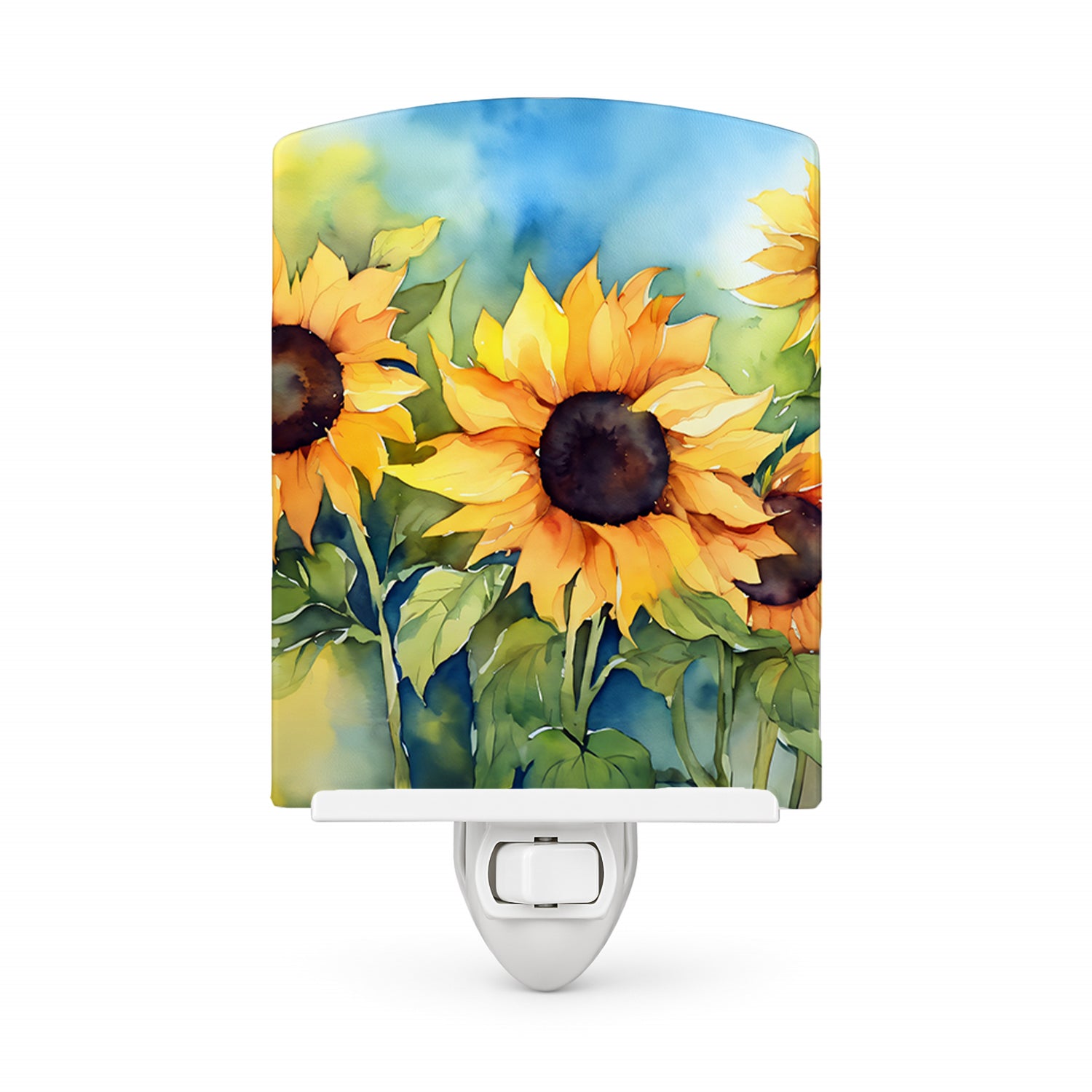 Sunflowers in Watercolor Ceramic Night Light Compact, UL-Certified, Ideal for Bedroom, Bathroom, Nursery, Hallway, Kitchen, 6x4x3, Multicolor