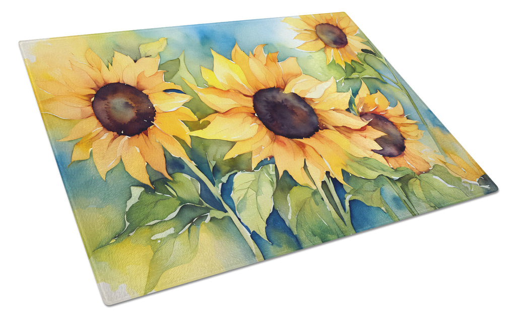 Sunflowers in Watercolor Cutting Board Tempered Glass Kitchen Cutting Surface, Heat Resistant Chopping, Non-Slip Feet, Food Prep & Serving