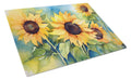 Sunflowers in Watercolor Cutting Board Tempered Glass Kitchen Cutting Surface, Heat Resistant Chopping, Non-Slip Feet, Food Prep & Serving