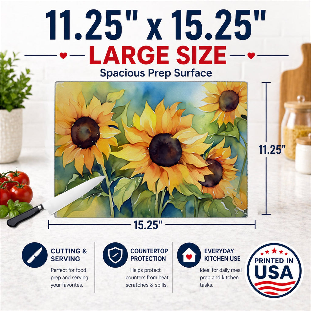 Sunflowers in Watercolor Cutting Board Tempered Glass Kitchen Cutting Surface, Heat Resistant Chopping, Non-Slip Feet, Food Prep & Serving