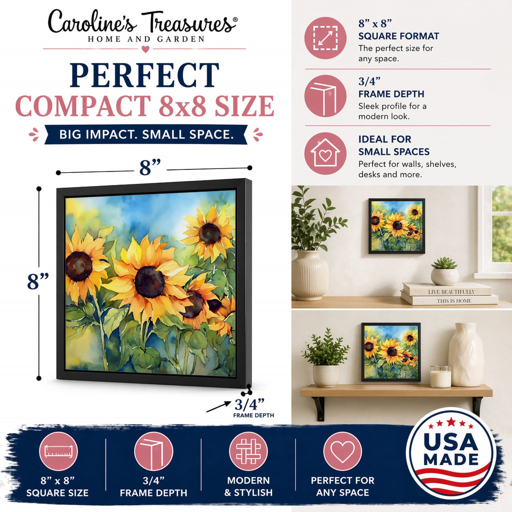 Sunflowers in Watercolor Framed Metal Print Bathroom, Kitchen, Office, Home Decor Wall Art Ready to Hang, Square, 8X8