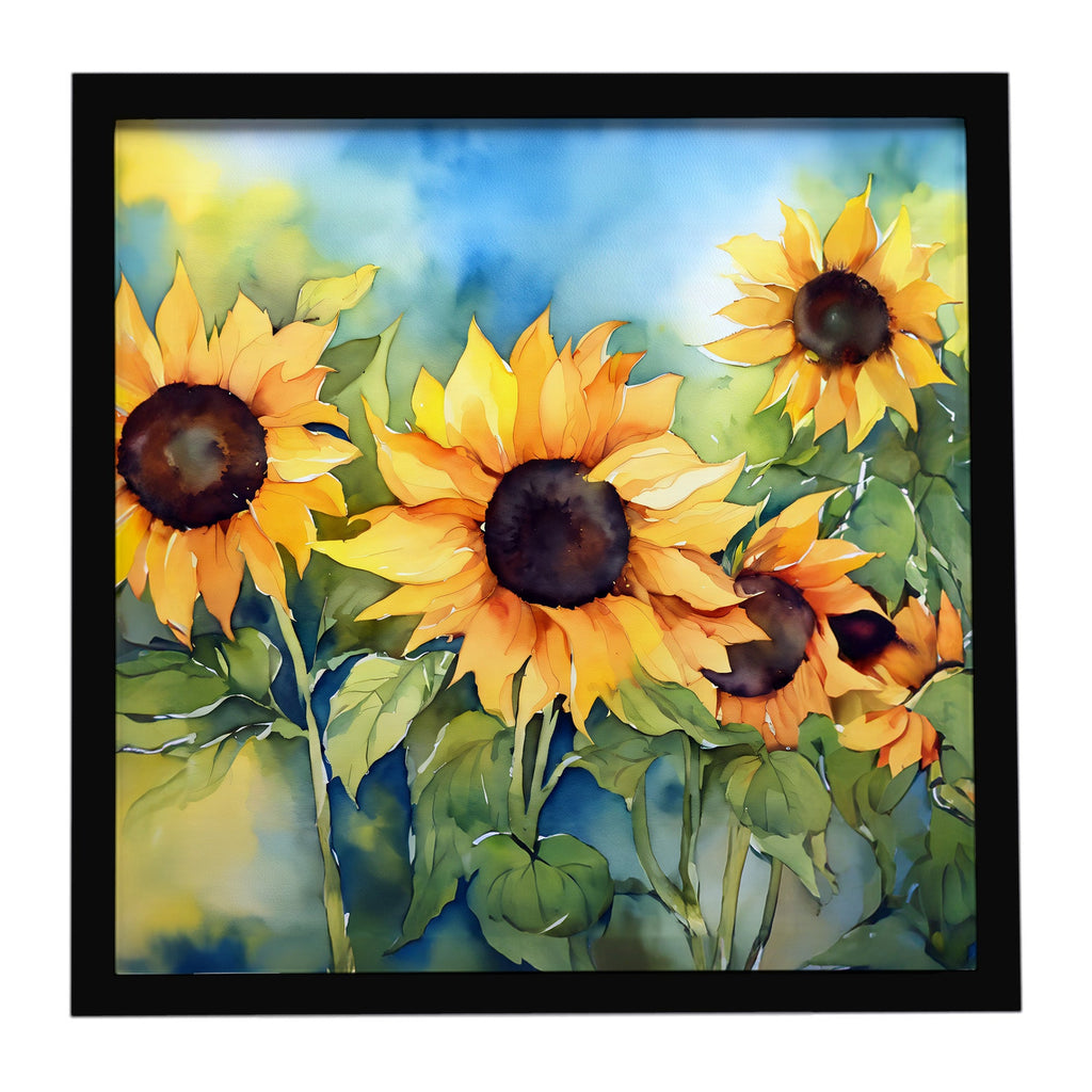 Sunflowers in Watercolor Framed Metal Print Bathroom, Kitchen, Office, Home Decor Wall Art Ready to Hang, Square, 8X8