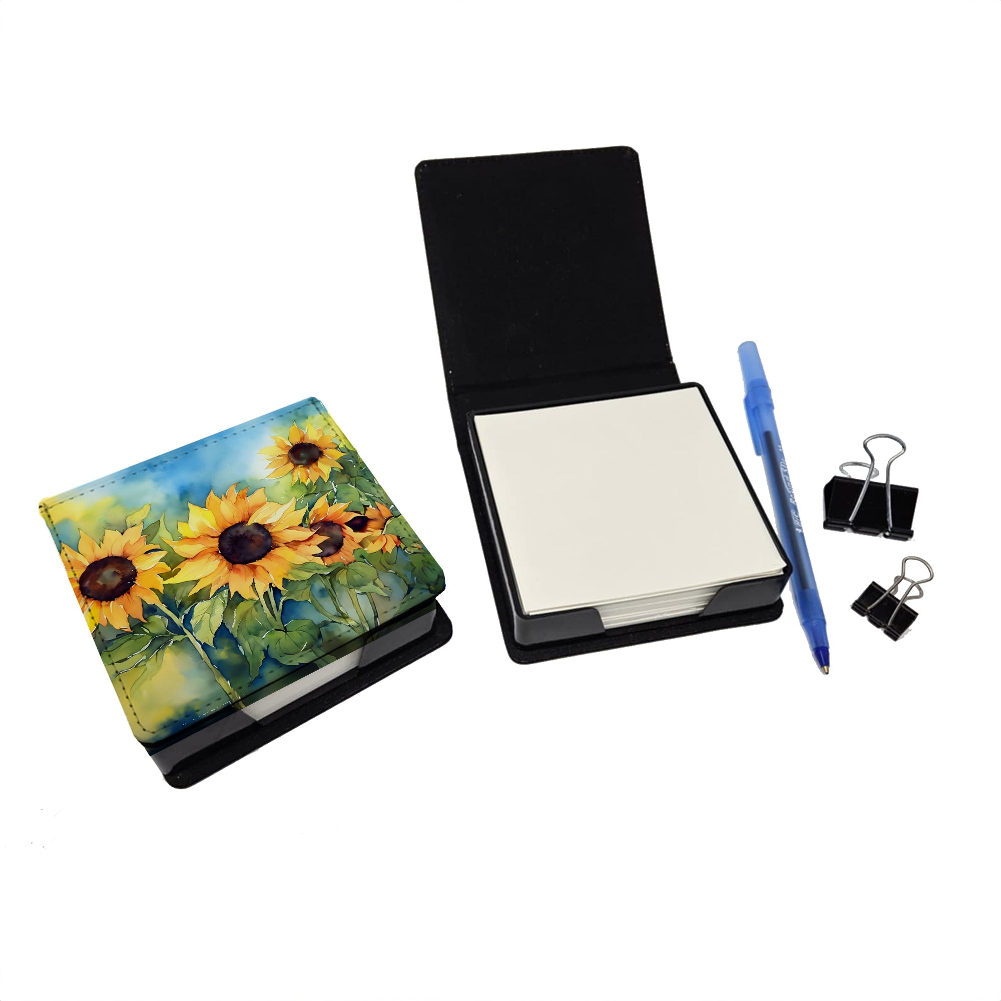 Sunflowers in Watercolor PU Leather Note Paper Holder with Artist-Designed Cover, Desk Accessory, Office Gift