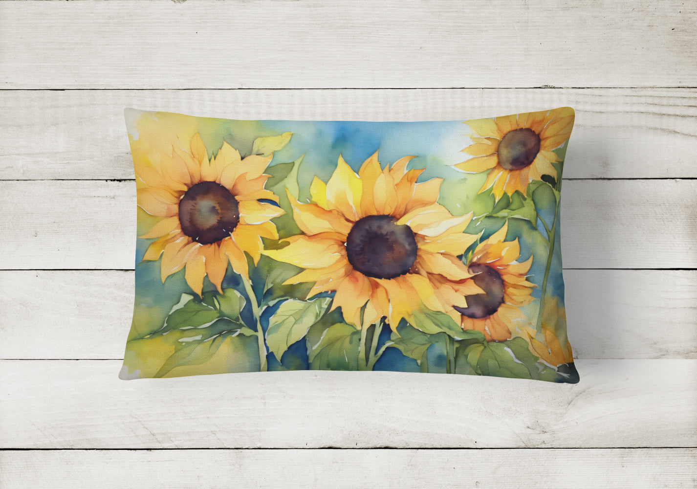 Sunflowers in Watercolor Decorative Throw Pillow 12x16 Indoor Outdoor Accent Cushion, Fabric Cover with Insert for Sofa, Bed, Porch & Living Room