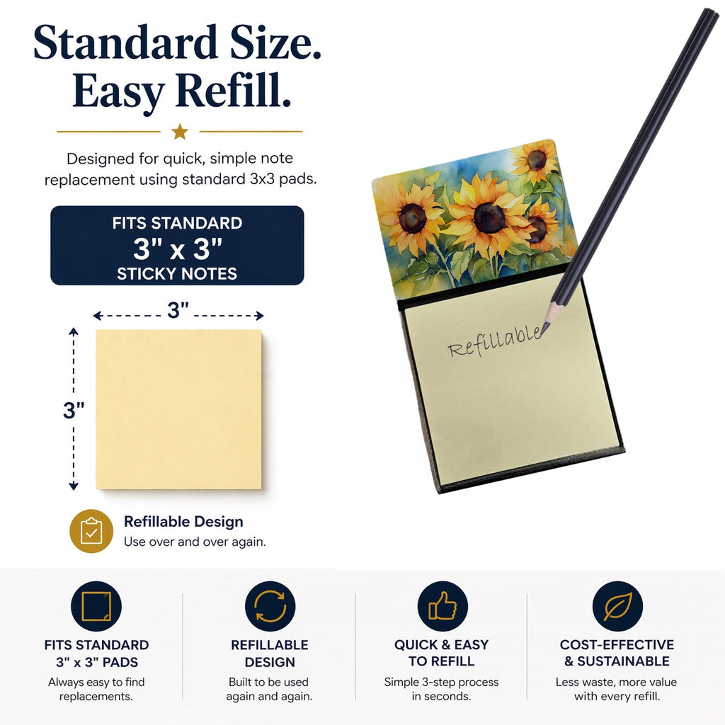 Sunflowers in Watercolor Watercolor Sticky Note Holder Refillable Dispenser Desk Accessory 3x3 Pad Gift