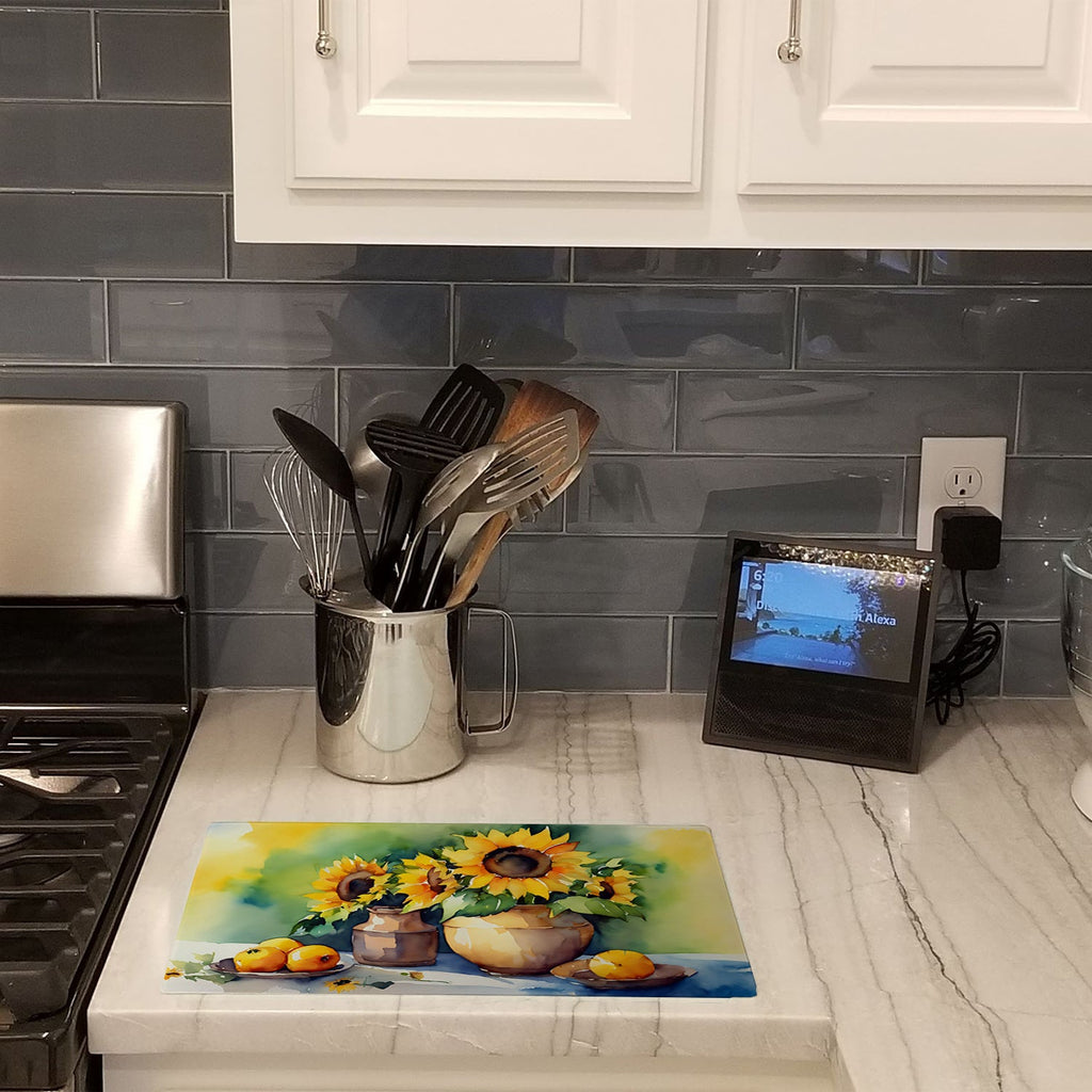 Sunflowers in Watercolor Cutting Board Tempered Glass Kitchen Cutting Surface, Heat Resistant Chopping, Non-Slip Feet, Food Prep & Serving