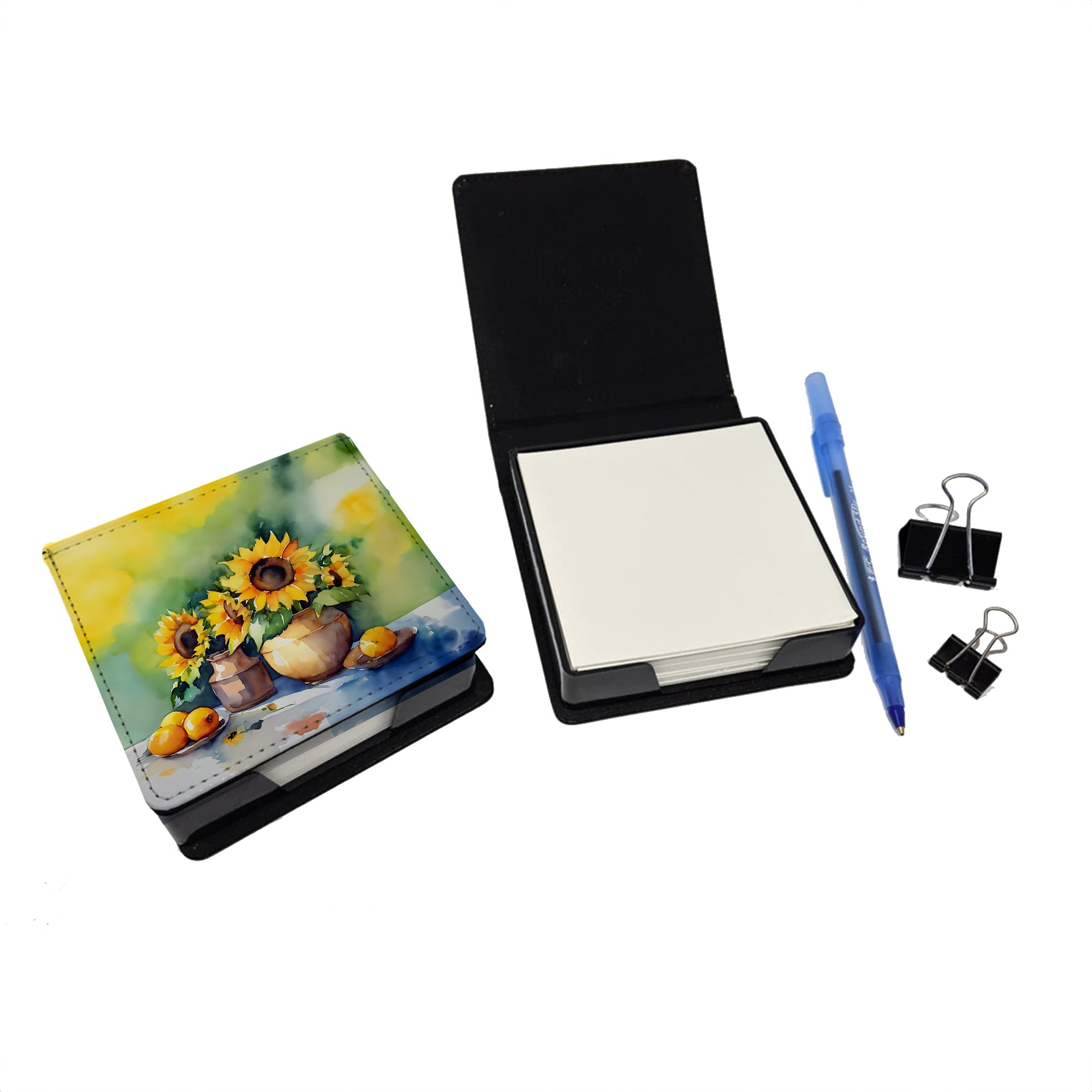 Sunflowers in Watercolor PU Leather Note Paper Holder with Artist-Designed Cover, Desk Accessory, Office Gift