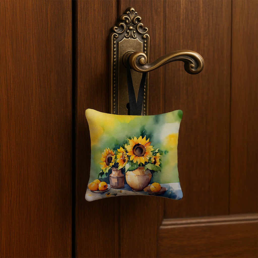 Sunflowers in Watercolor Hanging Square Fabric Ornament 3.5 × 3.5 Decorative Door-Knob & Tree Hanger, Soft Fabric
