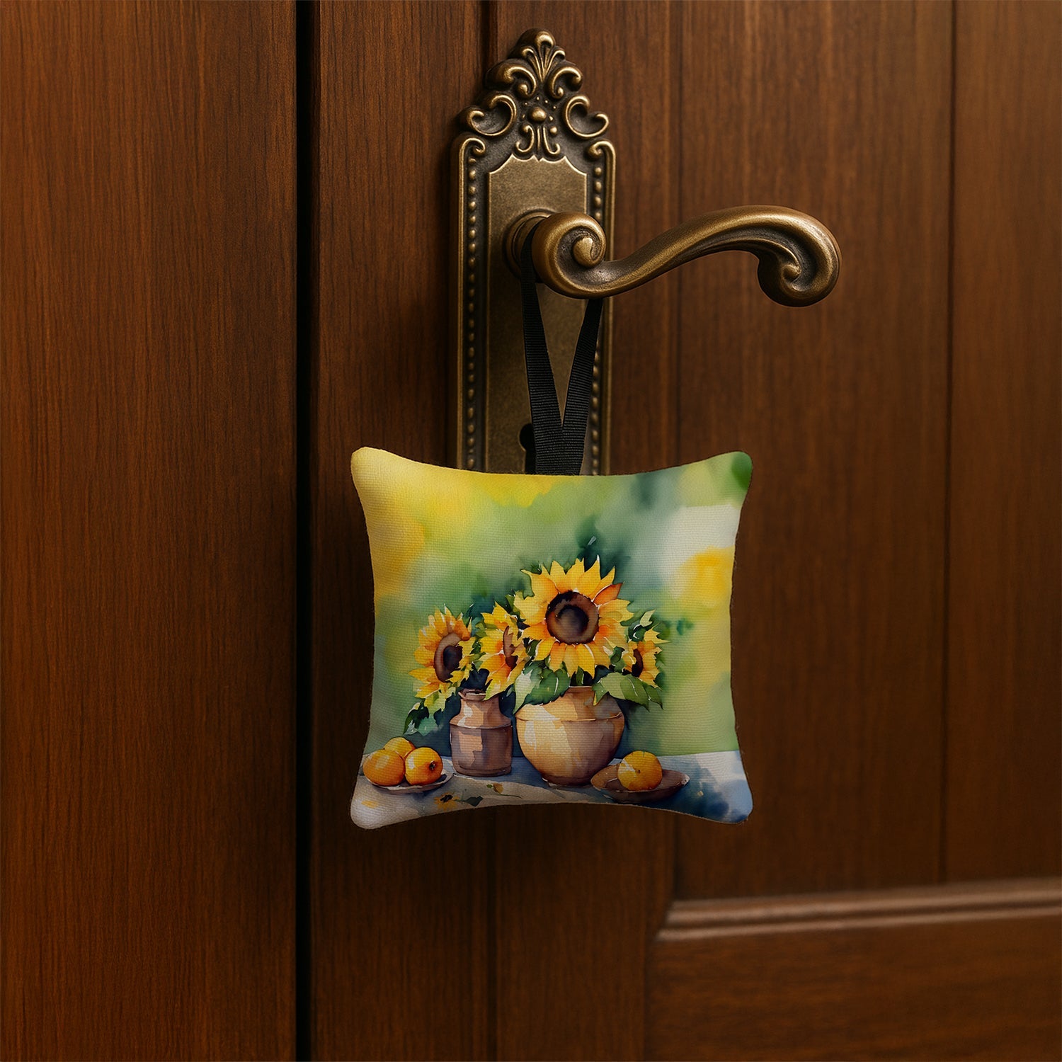 Sunflowers in Watercolor Hanging Square Fabric Ornament 3.5 × 3.5 Decorative Door-Knob & Tree Hanger, Soft Fabric