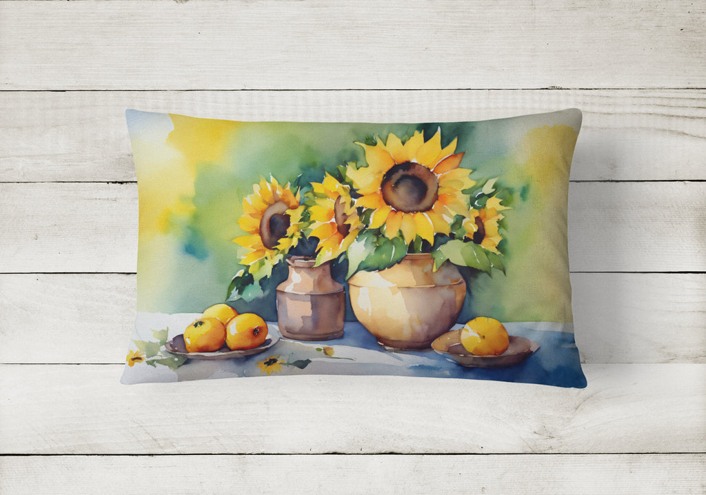 Sunflowers in Watercolor Decorative Throw Pillow 12x16 Indoor Outdoor Accent Cushion, Fabric Cover with Insert for Sofa, Bed, Porch & Living Room