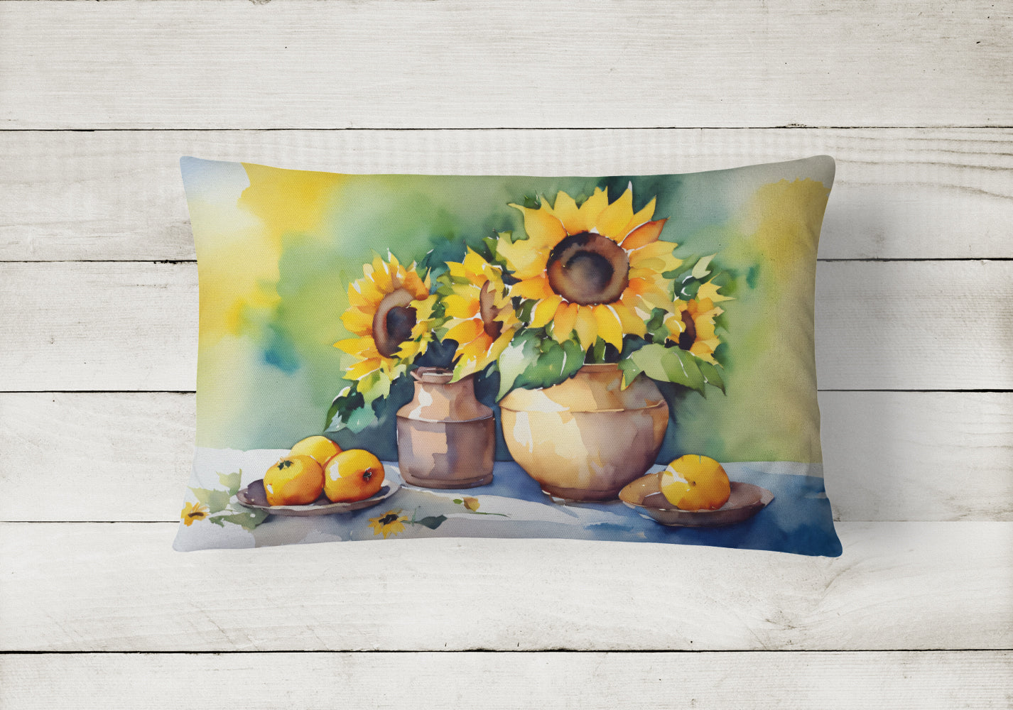 Sunflowers in Watercolor Decorative Throw Pillow 12x16 Indoor Outdoor Accent Cushion, Fabric Cover with Insert for Sofa, Bed, Porch & Living Room