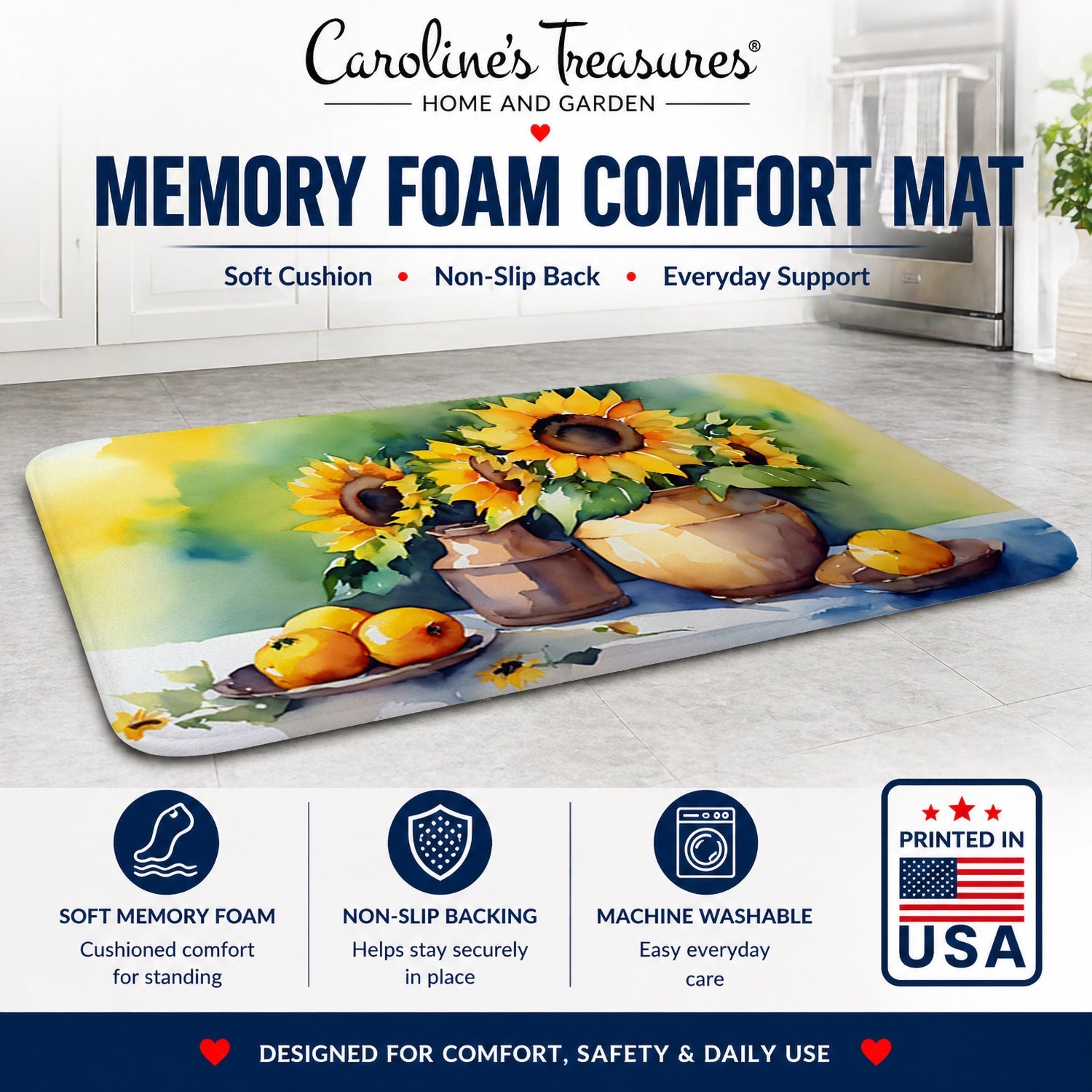 Sunflowers in Watercolor Memory Foam Kitchen Mat Machine Washable Anti-Fatigue Cushion Comfort Bath or Kitchen Rug