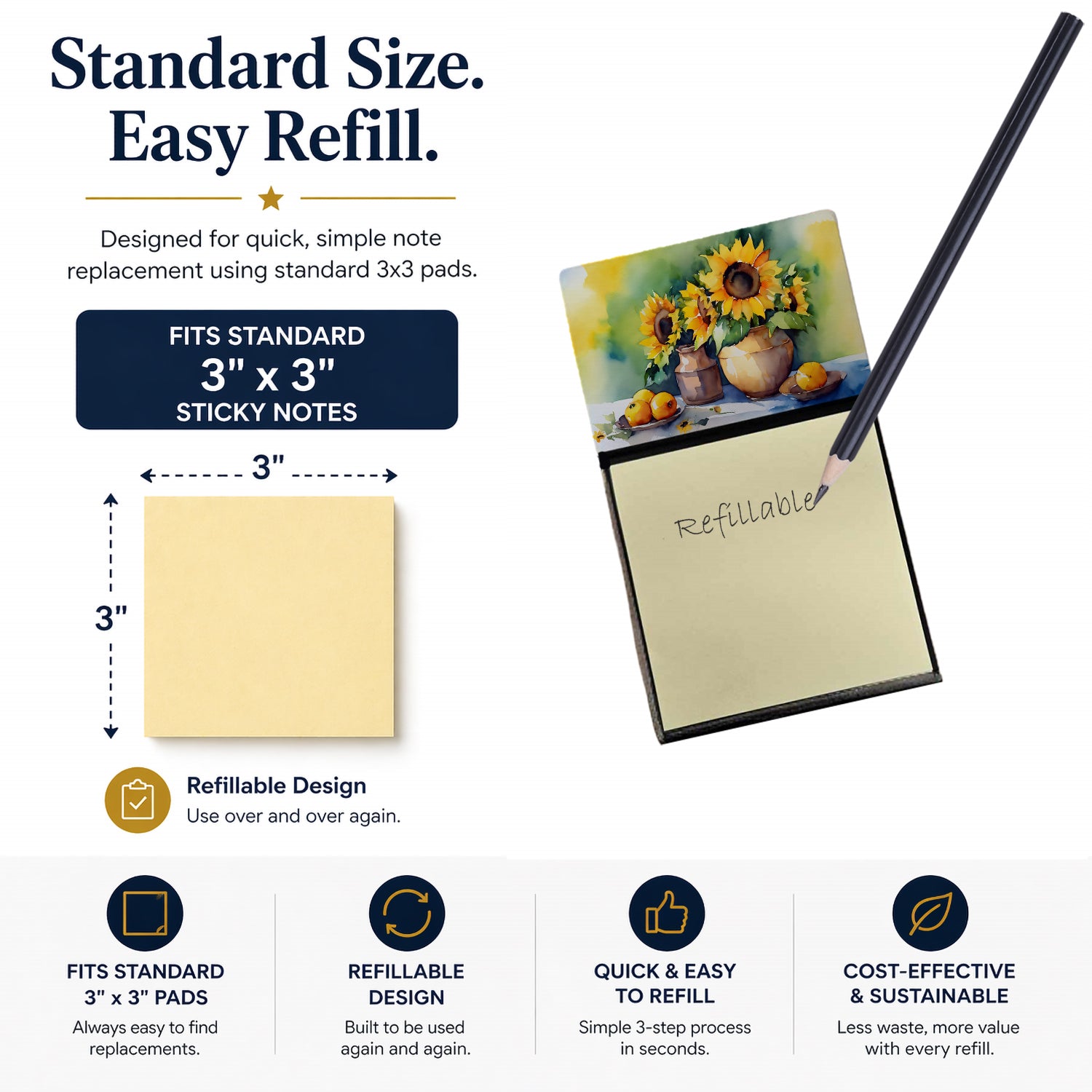 Sunflowers in Watercolor Watercolor Sticky Note Holder Refillable Dispenser Desk Accessory 3x3 Pad Gift