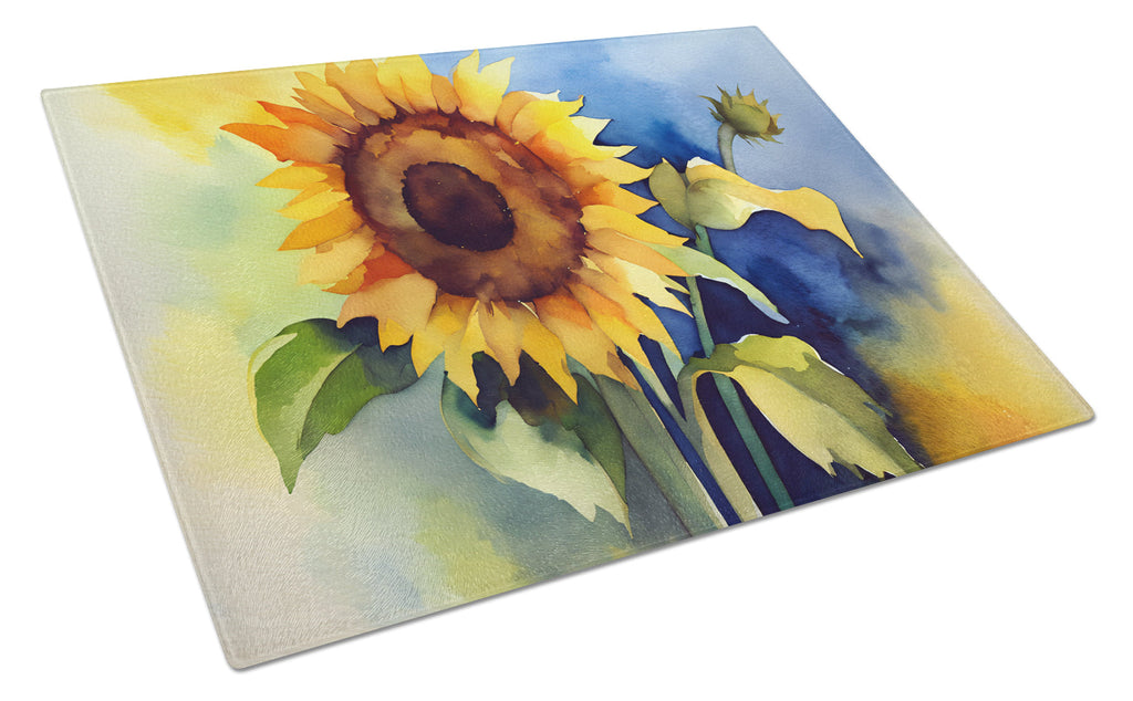 Sunflowers in Watercolor Cutting Board Tempered Glass Kitchen Cutting Surface, Heat Resistant Chopping, Non-Slip Feet, Food Prep & Serving