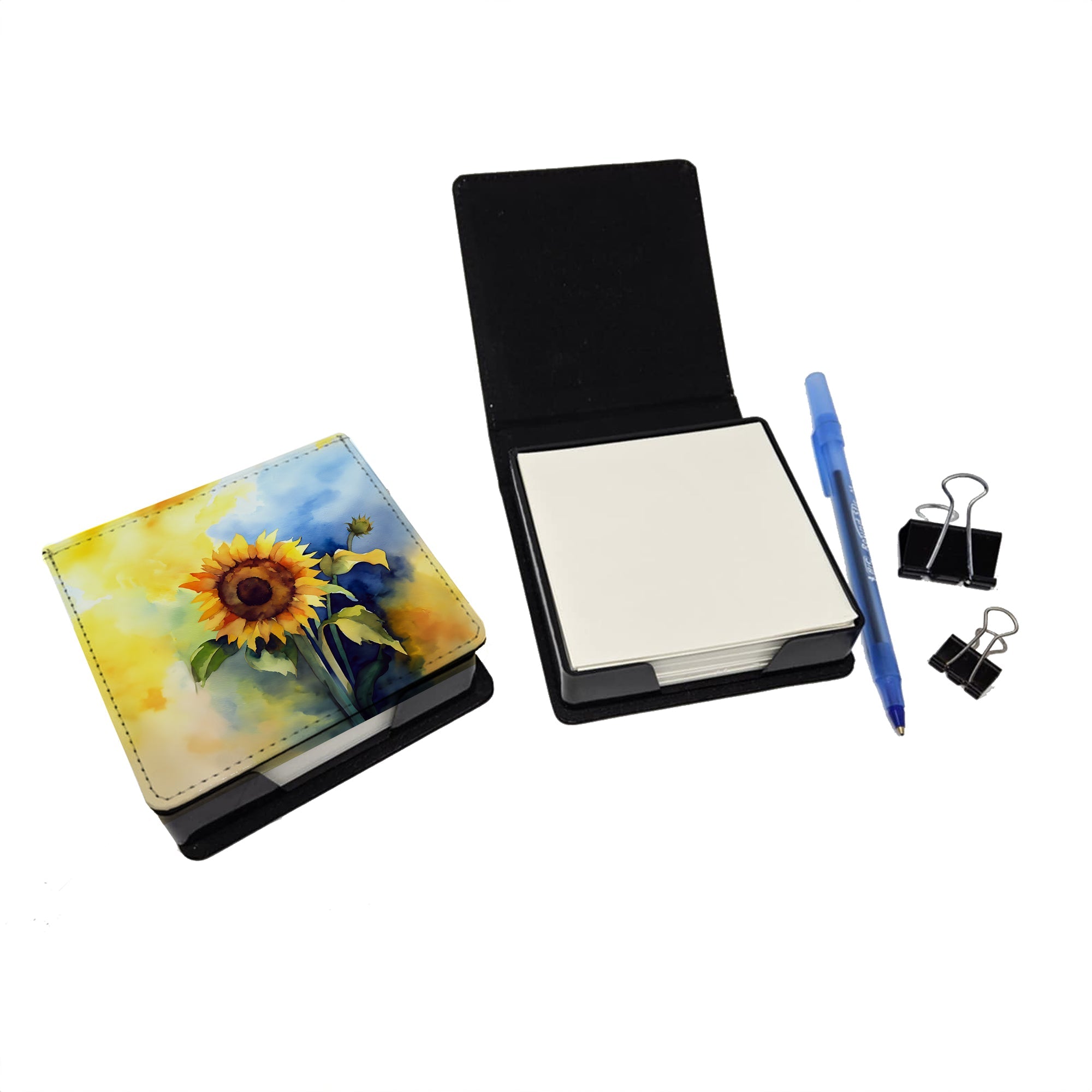 Sunflowers in Watercolor PU Leather Note Paper Holder with Artist-Designed Cover, Desk Accessory, Office Gift