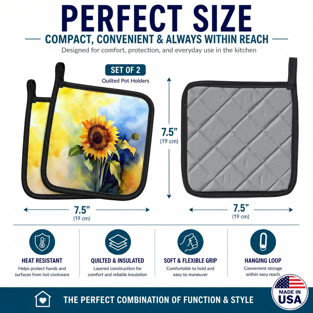 Sunflowers in Watercolor Pot Holder Set of 2 Heat Resistant Quilted Hot Pads 7.5 x 7.5 Inch, Insulated Kitchen Trivets for Cooking & Baking