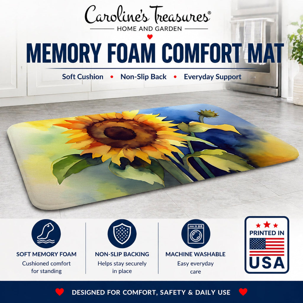Sunflowers in Watercolor Memory Foam Kitchen Mat Machine Washable Anti-Fatigue Cushion Comfort Bath or Kitchen Rug