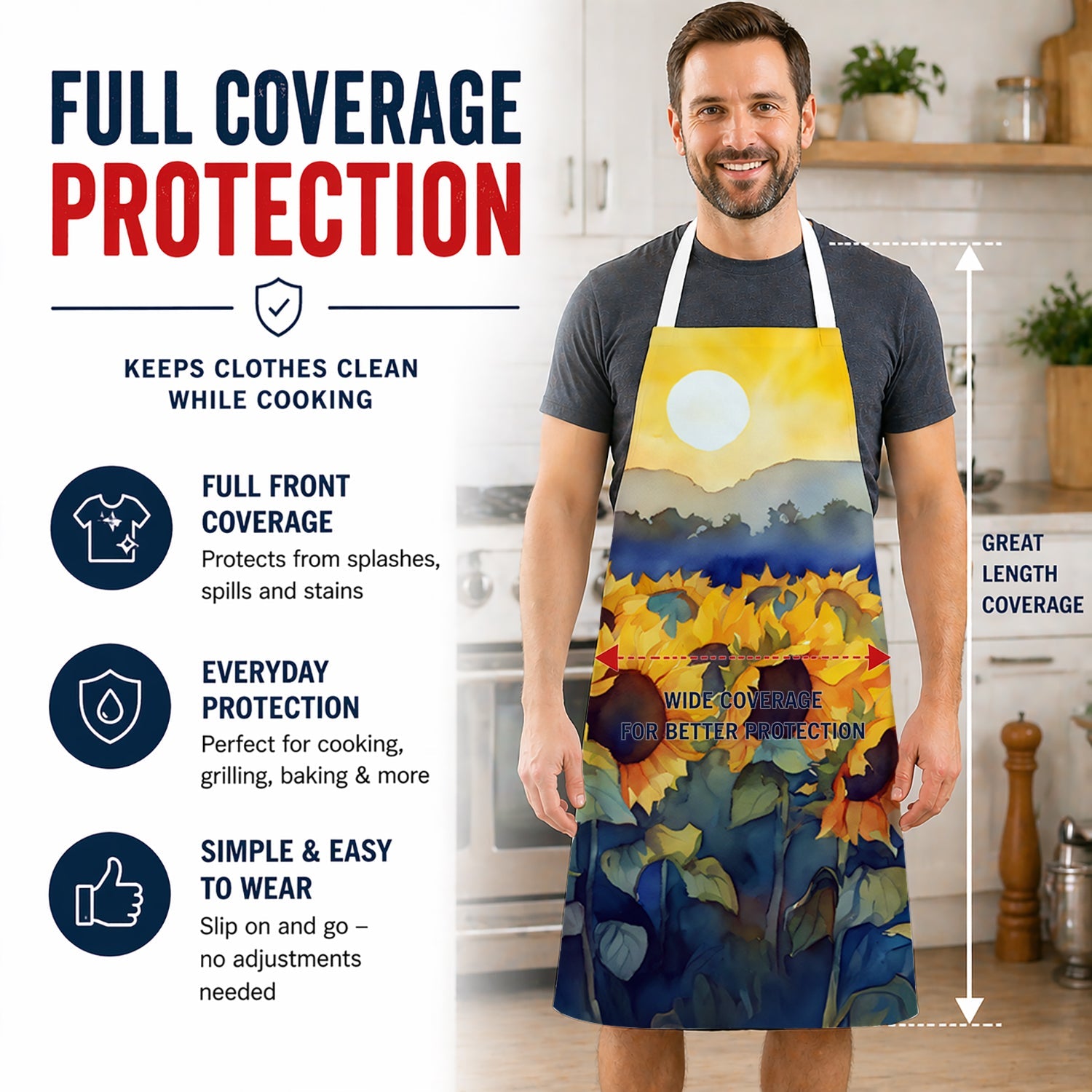 Sunflowers in Watercolor Apron Cooking Kitchen Server Baking Crafts Gardening for Adult Women Men, Unisex, Large, Multicolor