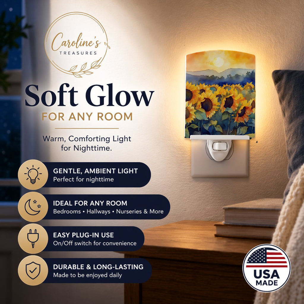 Sunflowers in Watercolor Ceramic Night Light Compact, UL-Certified, Ideal for Bedroom, Bathroom, Nursery, Hallway, Kitchen, 6x4x3, Multicolor