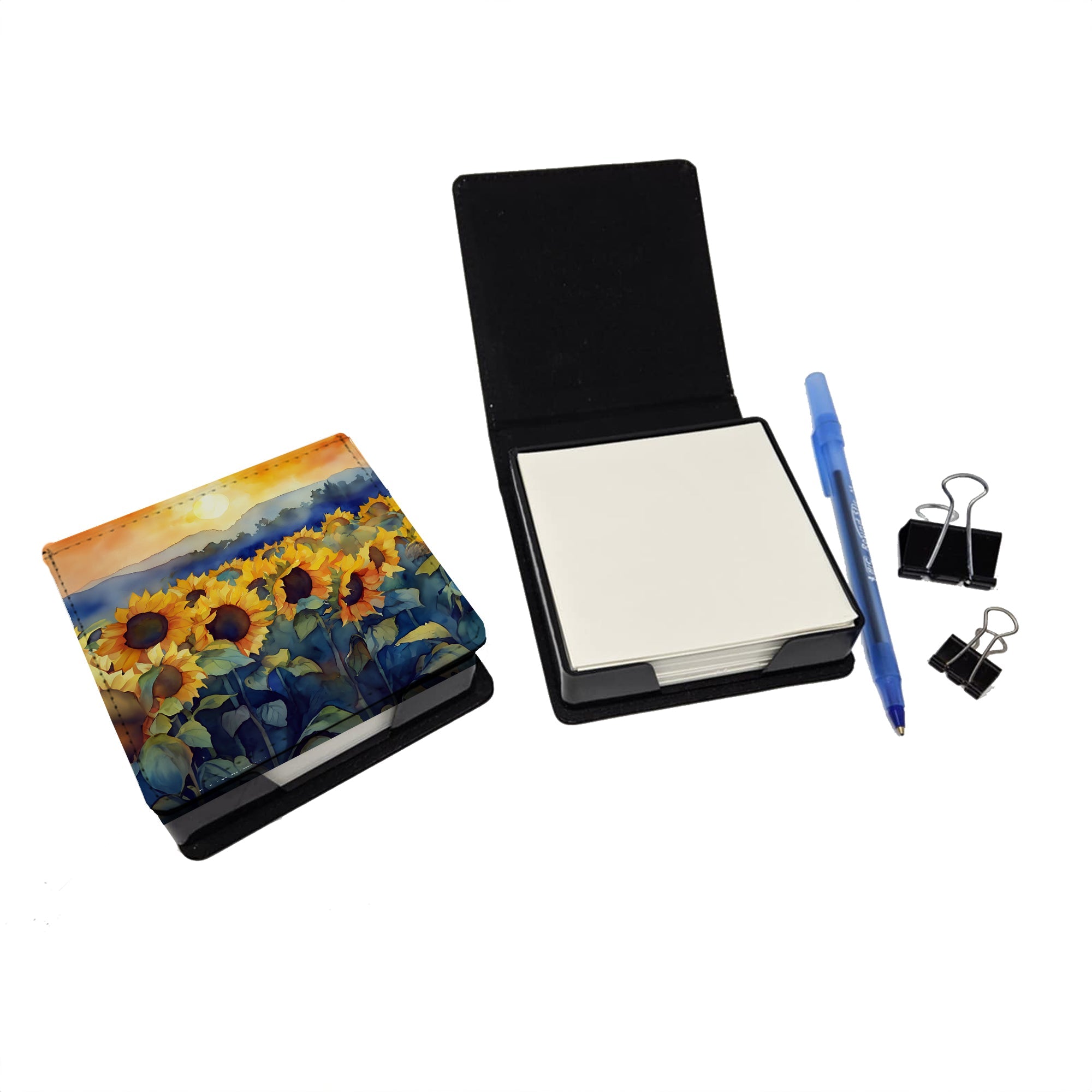Sunflowers in Watercolor PU Leather Note Paper Holder with Artist-Designed Cover, Desk Accessory, Office Gift