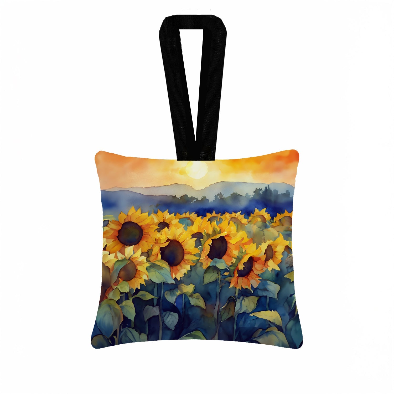 Sunflowers in Watercolor Hanging Square Fabric Ornament 3.5 × 3.5 Decorative Door-Knob & Tree Hanger, Soft Fabric