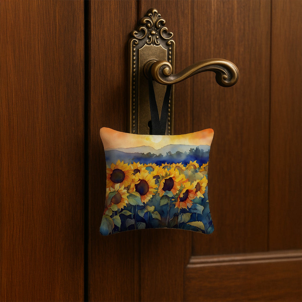 Sunflowers in Watercolor Hanging Square Fabric Ornament 3.5 × 3.5 Decorative Door-Knob & Tree Hanger, Soft Fabric