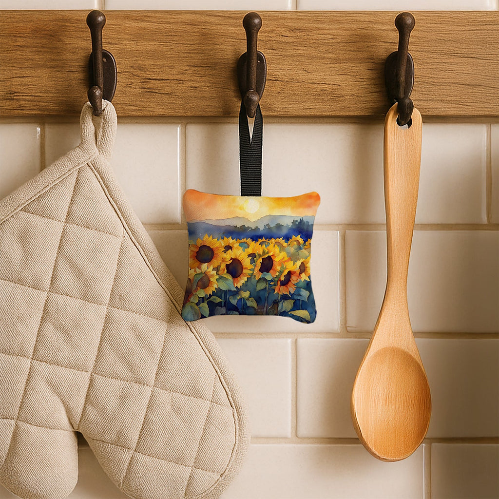 Sunflowers in Watercolor Hanging Square Fabric Ornament 3.5 × 3.5 Decorative Door-Knob & Tree Hanger, Soft Fabric