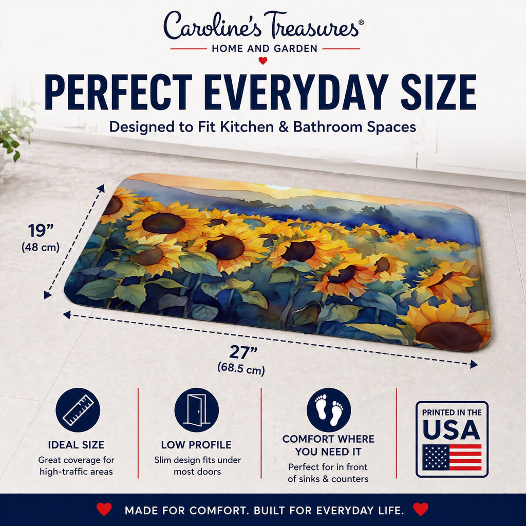 Sunflowers in Watercolor Memory Foam Kitchen Mat Machine Washable Anti-Fatigue Cushion Comfort Bath or Kitchen Rug