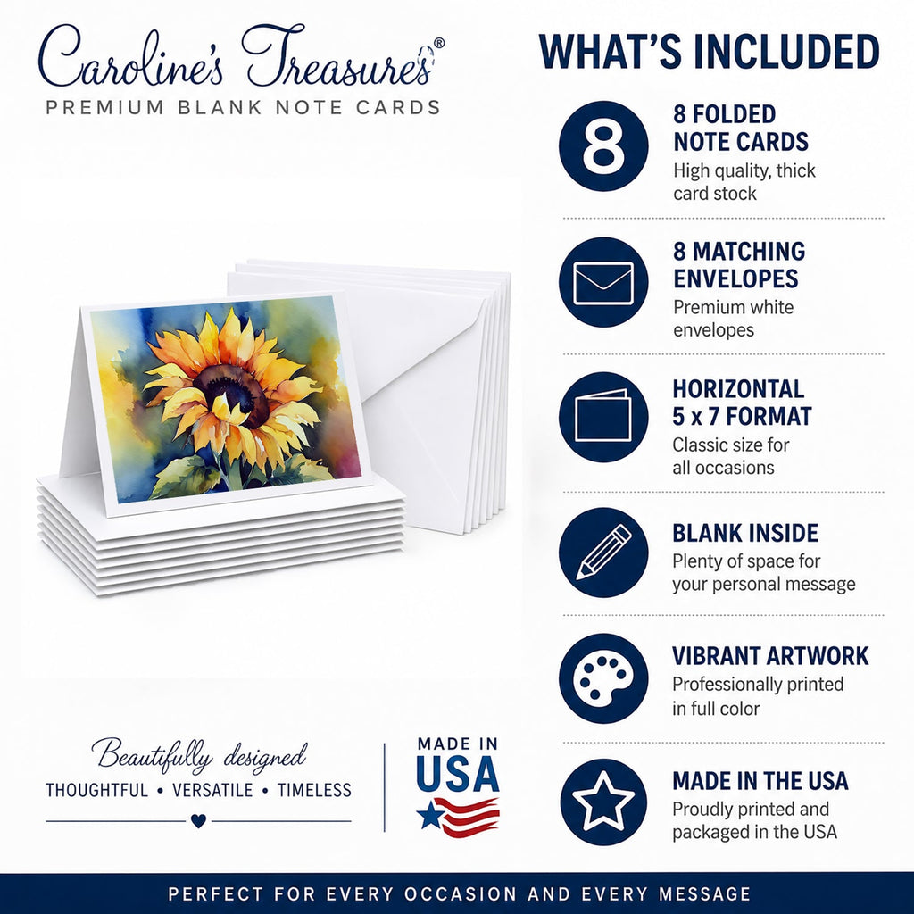 Sunflowers in Watercolor Greeting Cards Pack of 8 Blank Cards with Envelopes Whimsical A7 Size 5x7