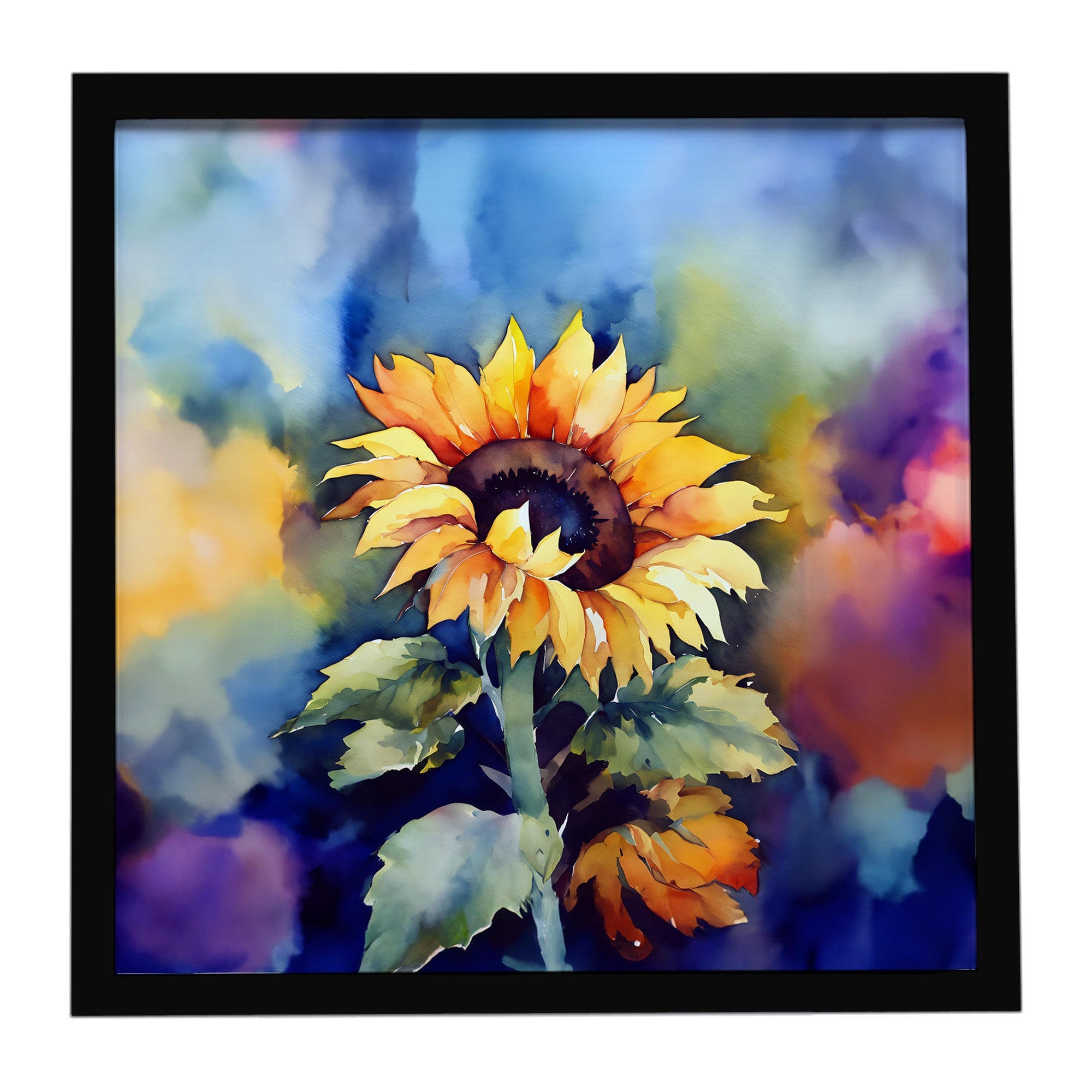 Sunflowers in Watercolor Framed Metal Print Bathroom, Kitchen, Office, Home Decor Wall Art Ready to Hang, Square, 8X8