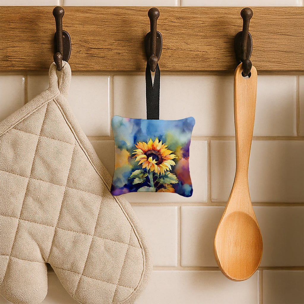 Sunflowers in Watercolor Hanging Square Fabric Ornament 3.5 × 3.5 Decorative Door-Knob & Tree Hanger, Soft Fabric