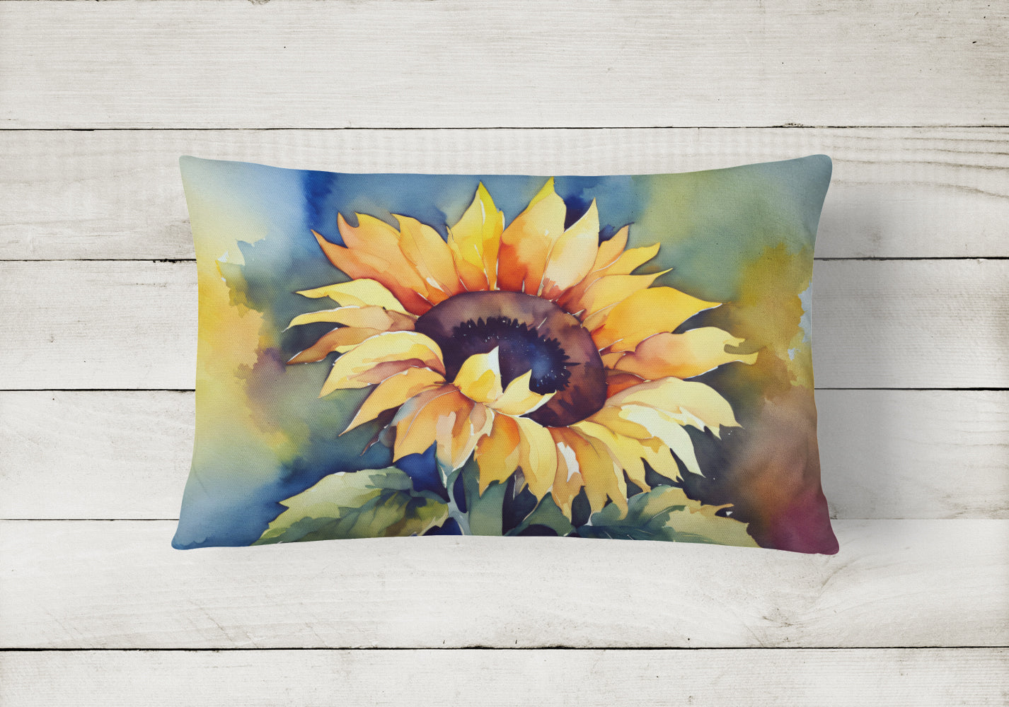 Sunflowers in Watercolor Decorative Throw Pillow 12x16 Indoor Outdoor Accent Cushion, Fabric Cover with Insert for Sofa, Bed, Porch & Living Room