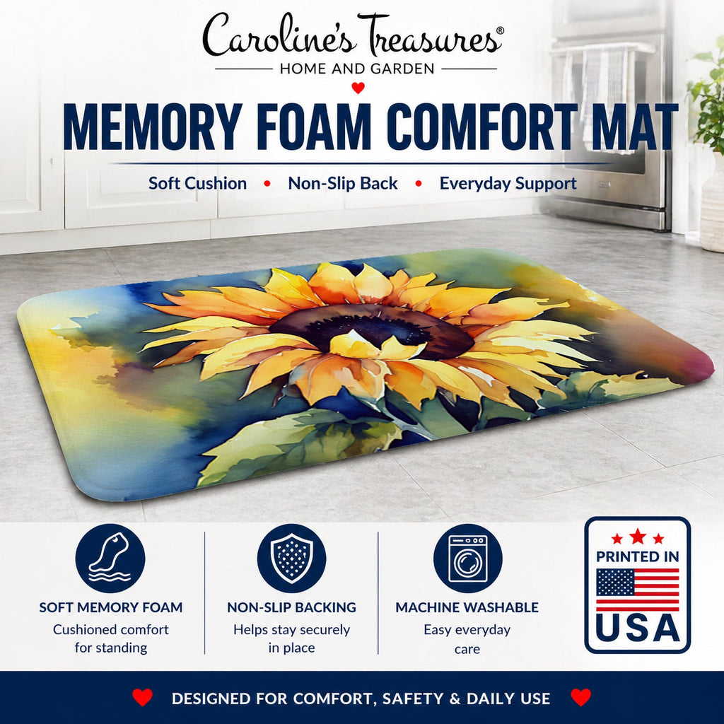 Sunflowers in Watercolor Memory Foam Kitchen Mat Machine Washable Anti-Fatigue Cushion Comfort Bath or Kitchen Rug
