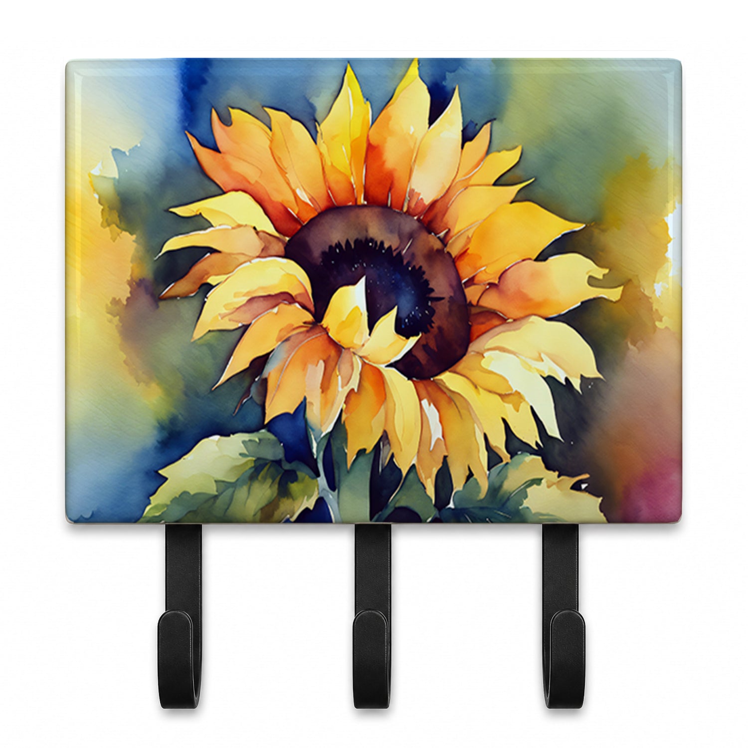 Sunflowers in Watercolor Leash or Key Holder Wall Hooks, Coat Rack Wall Mount, for Hanging Keys, Towels, Aprons, Leashes