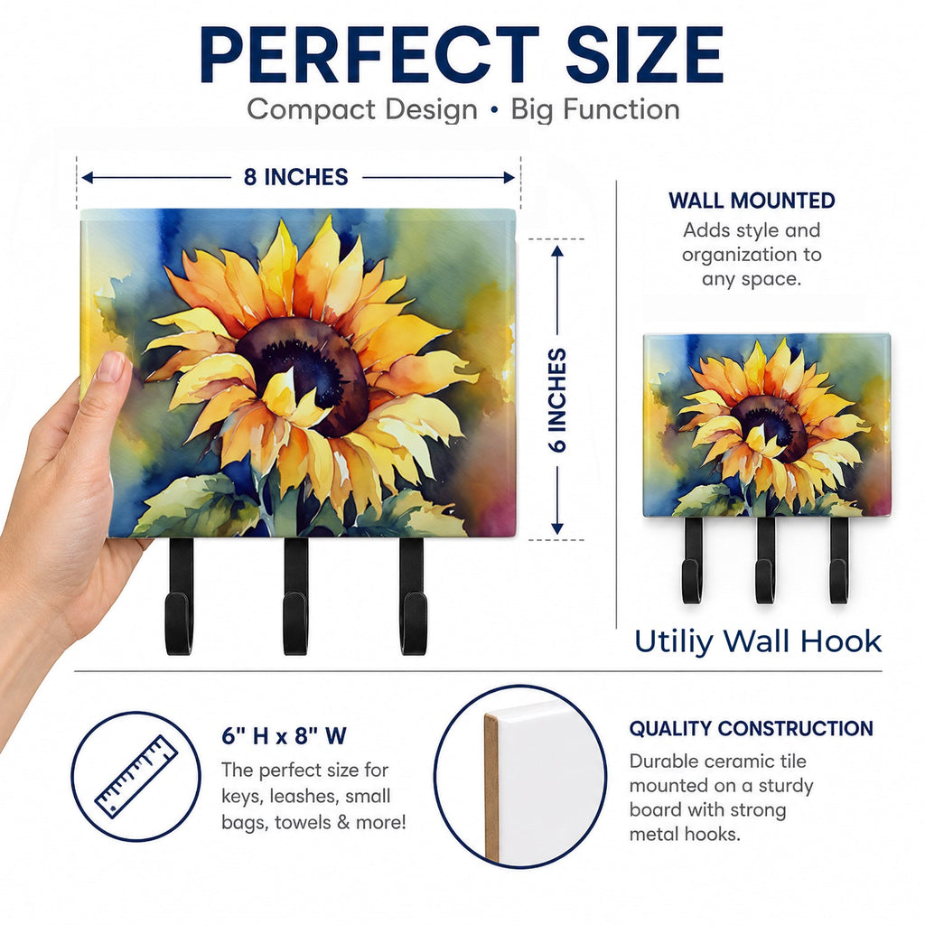 Sunflowers in Watercolor Leash or Key Holder Wall Hooks, Coat Rack Wall Mount, for Hanging Keys, Towels, Aprons, Leashes