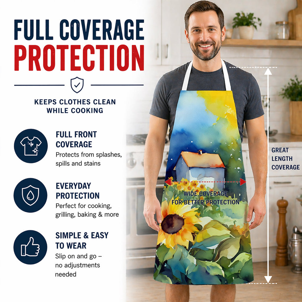Sunflowers in Watercolor Apron Cooking Kitchen Server Baking Crafts Gardening for Adult Women Men, Unisex, Large, Multicolor
