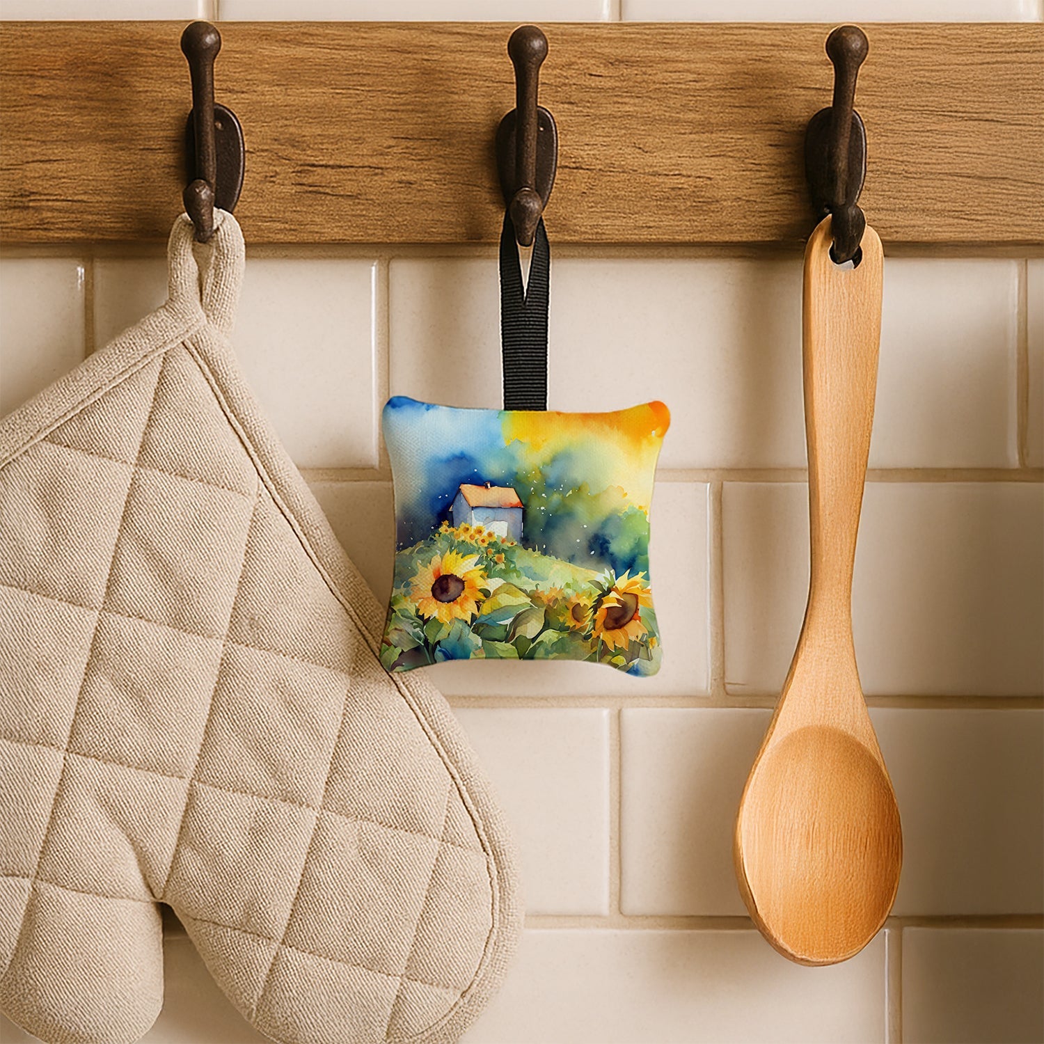 Sunflowers in Watercolor Hanging Square Fabric Ornament 3.5 × 3.5 Decorative Door-Knob & Tree Hanger, Soft Fabric