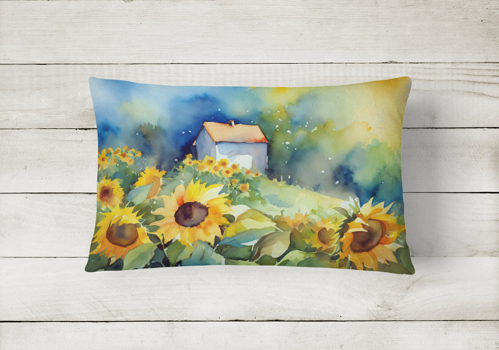 Sunflowers in Watercolor Decorative Throw Pillow 12x16 Indoor Outdoor Accent Cushion, Fabric Cover with Insert for Sofa, Bed, Porch & Living Room