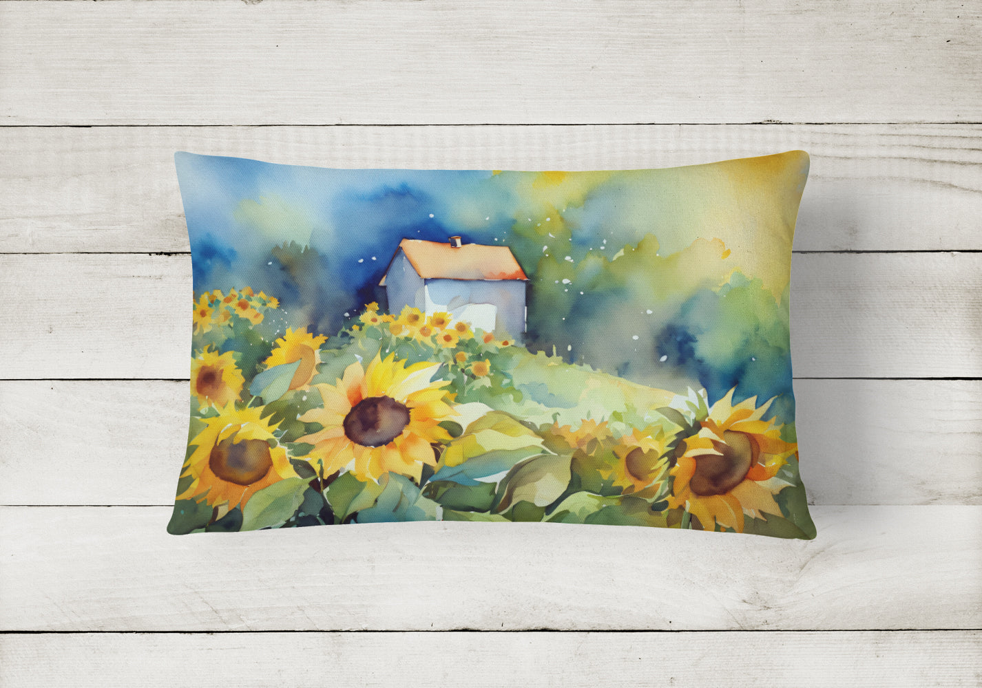Sunflowers in Watercolor Decorative Throw Pillow 12x16 Indoor Outdoor Accent Cushion, Fabric Cover with Insert for Sofa, Bed, Porch & Living Room