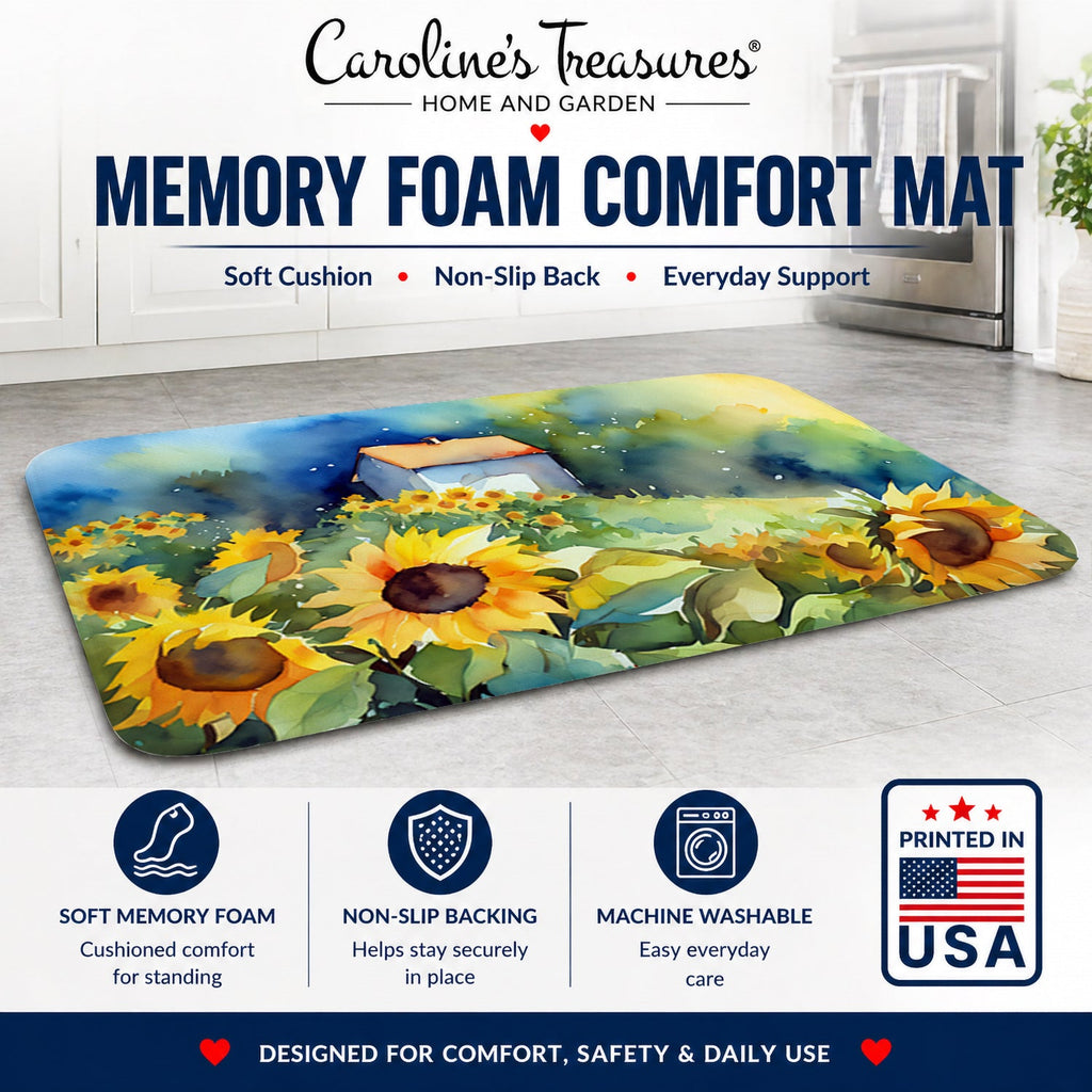 Sunflowers in Watercolor Memory Foam Kitchen Mat Machine Washable Anti-Fatigue Cushion Comfort Bath or Kitchen Rug