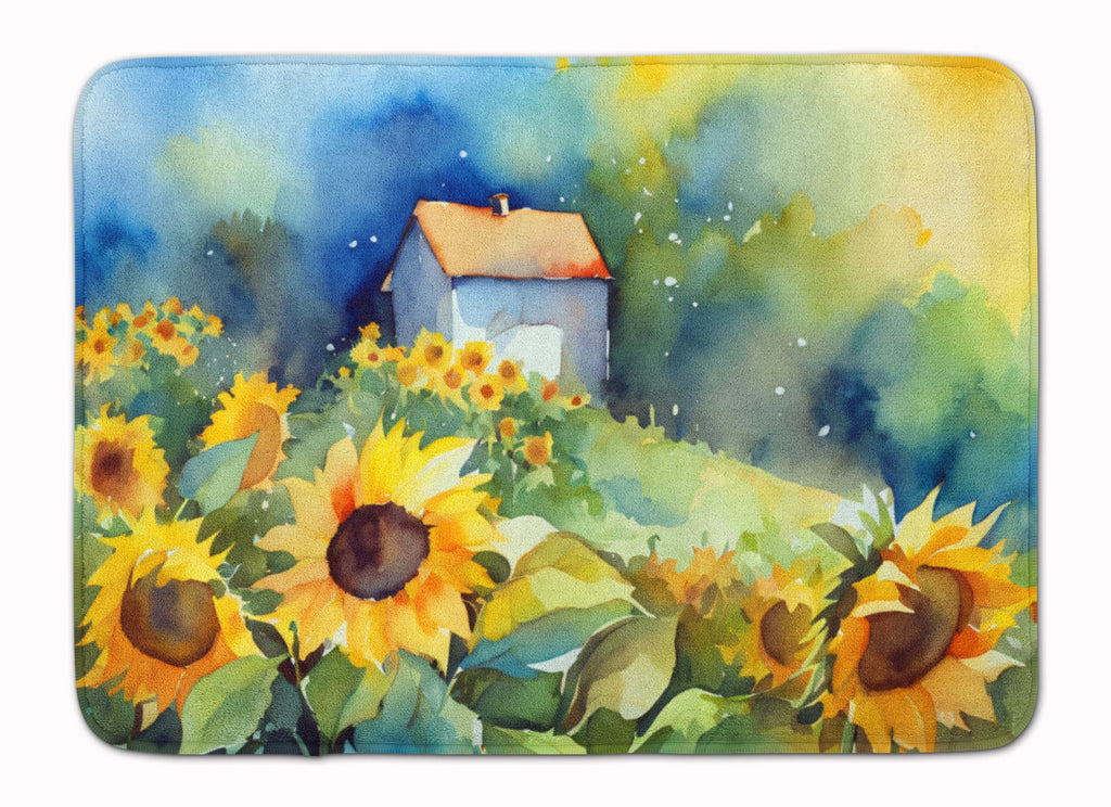 Sunflowers in Watercolor Memory Foam Kitchen Mat Machine Washable Anti-Fatigue Cushion Comfort Bath or Kitchen Rug