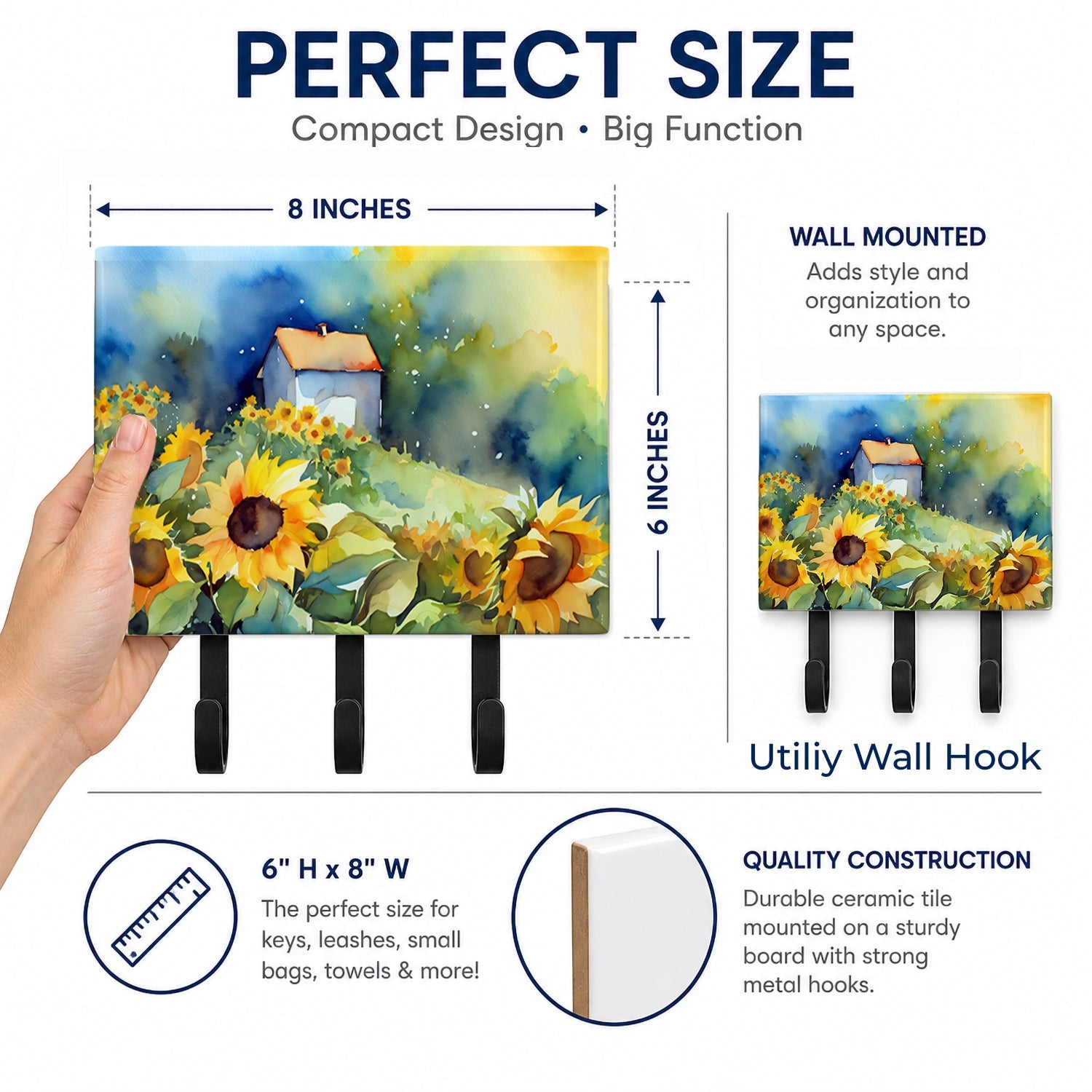 Sunflowers in Watercolor Leash or Key Holder Wall Hooks, Coat Rack Wall Mount, for Hanging Keys, Towels, Aprons, Leashes