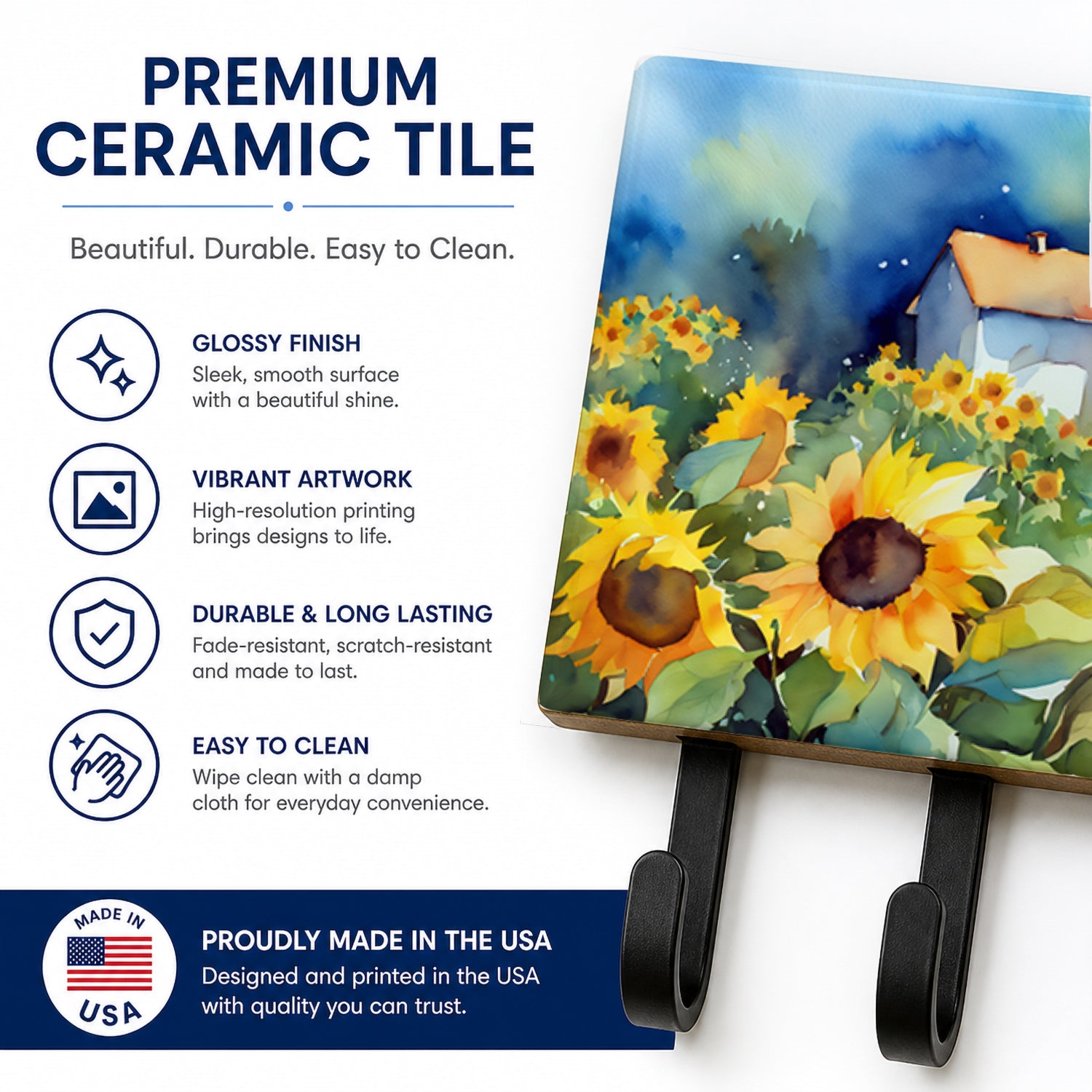 Sunflowers in Watercolor Leash or Key Holder Wall Hooks, Coat Rack Wall Mount, for Hanging Keys, Towels, Aprons, Leashes