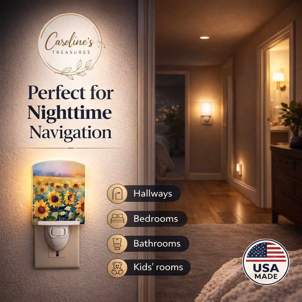 Sunflowers in Watercolor Ceramic Night Light Compact, UL-Certified, Ideal for Bedroom, Bathroom, Nursery, Hallway, Kitchen, 6x4x3, Multicolor